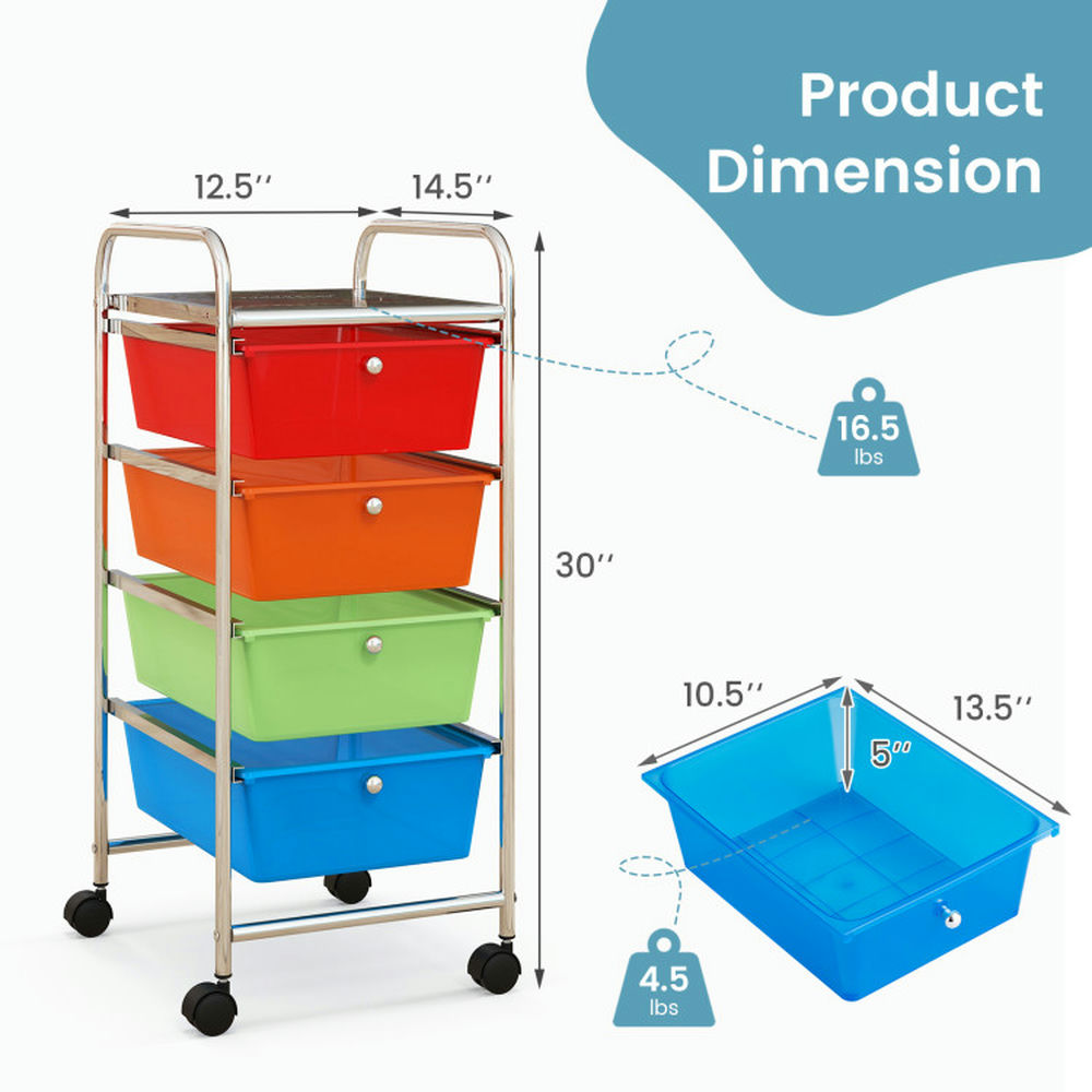 Demi Bonn 4-Drawer Cart Storage Bin Organizer Rolling with 4 Universal Casters, Transparent Multicolor