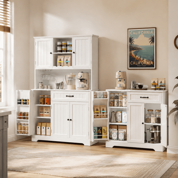Kitchen Storage Cabinet 2-Piece Set by Gizoon, White Pantry Cabinet and Coffee Bar Cabinet with Hutch, Drawer & Adjustable Shelves for Kitchen Dining Room