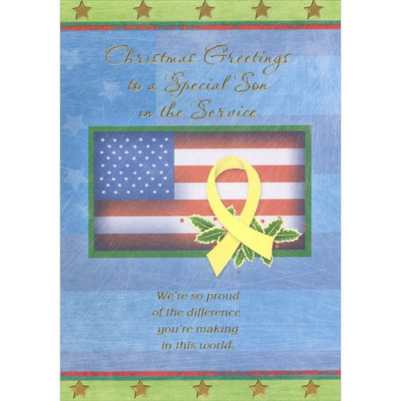 Designer Greetings The Difference You're Making: US Flag and Yellow Ribbon on Blue Christmas Card for Son in the Service