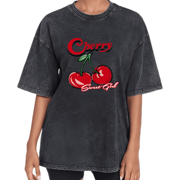 UNISHE Women's Y2K Cherry Aesthetic Vintage Wash T-Shirt Short Sleeve Retro Fruit Print Loose Fit Summer Top