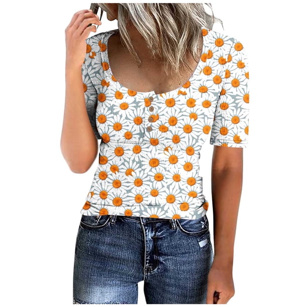 Tops de Cuello Redondo para las Mujeres Botón Hasta Manga Corta Suelta Camiseta de Imitación Algodón Estante, Top Casual para el Hogar Diario Y el Trabajo