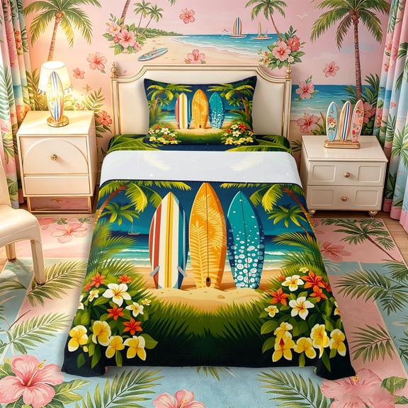 Castle Fairy Night Tropical Surfboard Twin Sheets 3pcs,Plumeria Palm Beach Print Bedding,Navy Orange,1 Fitted Sheet,1 Flat Sheet and 1 Pillowcase
