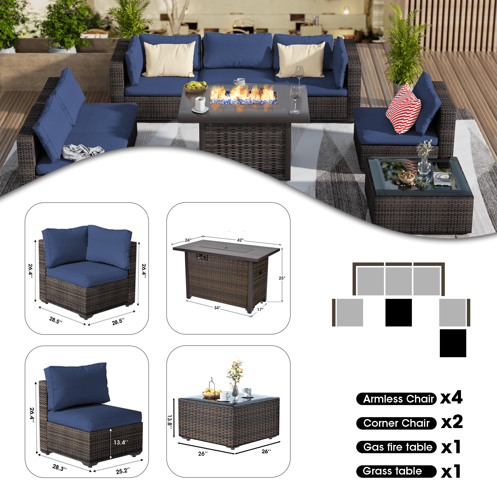 Grezone Outdoor Garden 8 Piece Patio Furniture with 43" 55000BTU Gas Propane Fire Pit Table Rattan Wicker Sectional Set, Blue