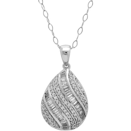 Sterling Silver Domed Teardrop with Round and Baguette Cubic Zirconia Pendant, 18