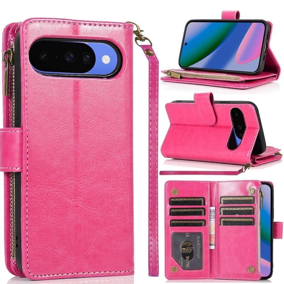 For Google Pixel 11 / 11 Pro Luxury Wallet Card ID Zipper Money Holder Case Cover - Hot Pink
