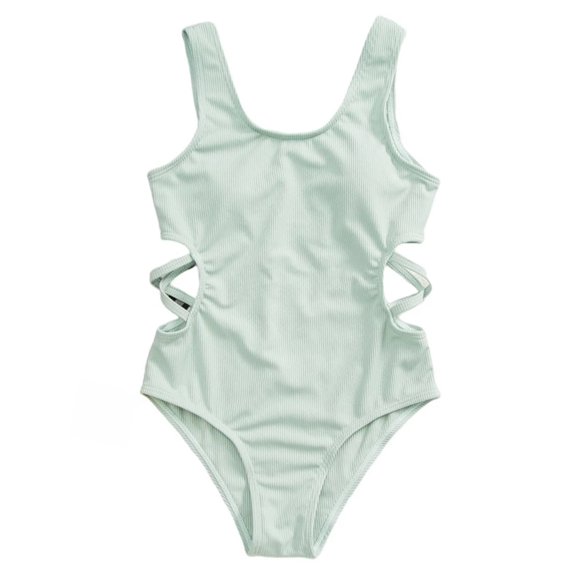 Grblisyd Girls Swimsuit Crew Neck Solid Color One Piece Swimwear Cut-Out Bathing Suit for Girls 10-12Y