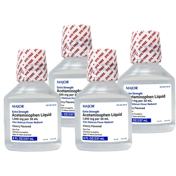 4 Pack - MAJOR Extra Strength Acetaminophen Liquid, 1000 mg per 30 mL, Pain Reliever/Fever Reducer, Cherry Flavored, Dye Free, 8 FL OZ
