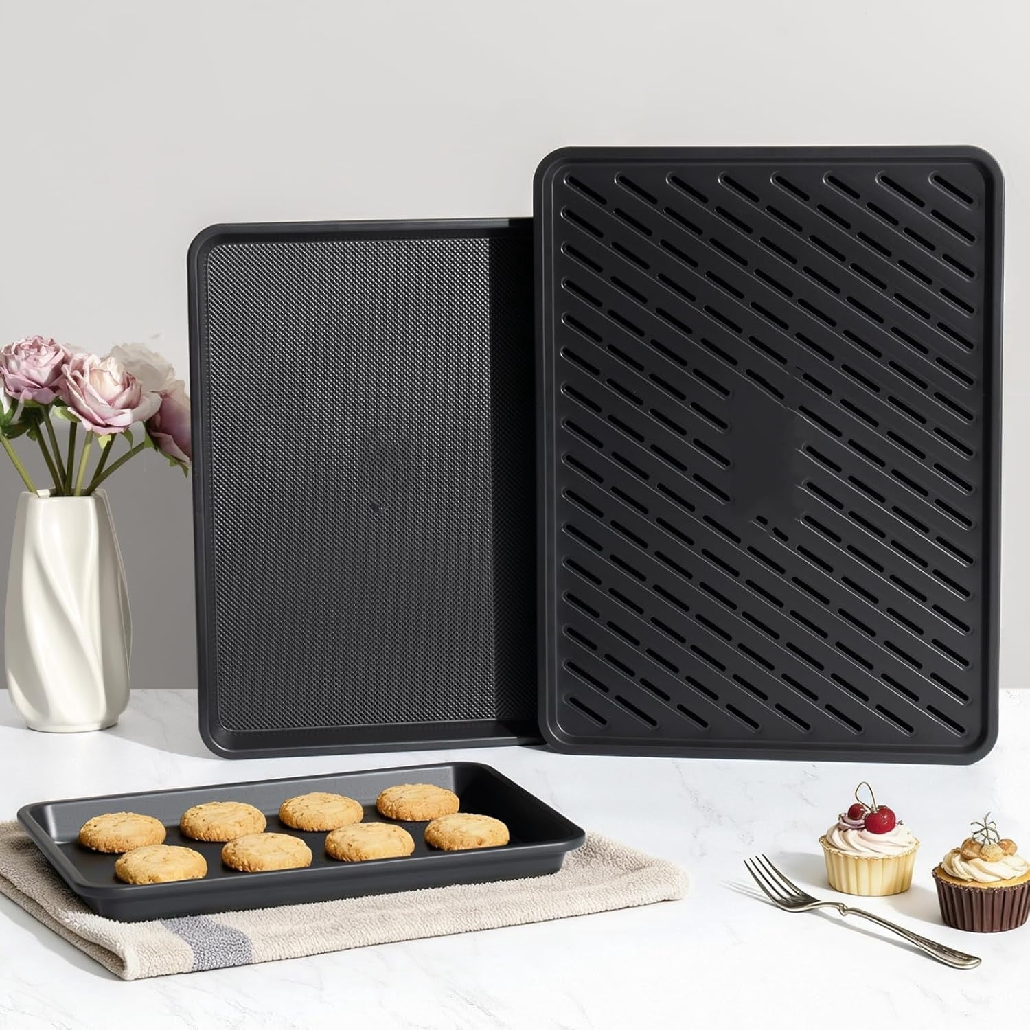 Cookie Sheets for Baking with Cooling Rack Set of 4, 0.8mm Thick Nonstick Baking Sheets for Oven, Half/Quarter/Jelly Roll Pans for Oven, Heavy Duty Oven Trays with Diamond Texture