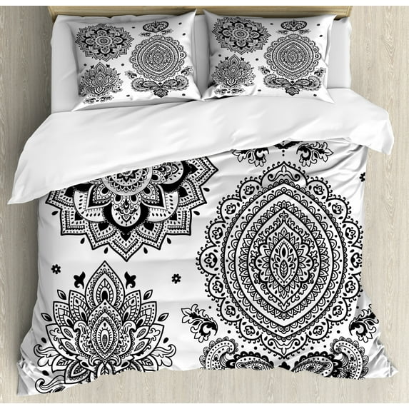Henna Duvet Cover Set King Size, South Asian Art Inspired Design Elements Floral and Geometrical Style Ornamental, Decorative 3 Piece Bedding Set with 2 Pillow Shams, Black White, by Ambesonne