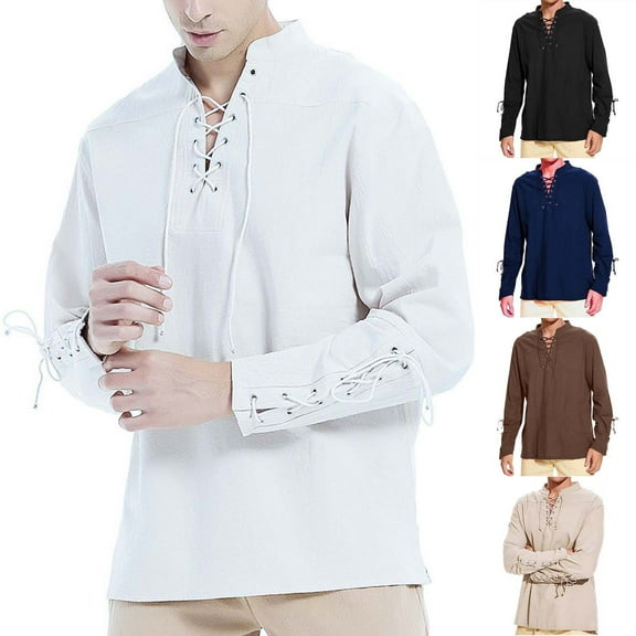 Visit the JURANMO Store Men's Cotton Linen T Shirts Lace Up Stand Collar Long Sleeve Henley Shirt Lightweight Fashion Street Tee Tops Beige S