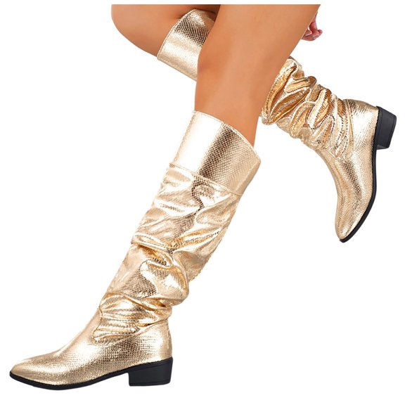 Knee High Boots for Women Pointed Toe Block Heel Pull On Shoes Fall Slouch Ruched Casual Walking Fashion Comfortable Booties Gold 7