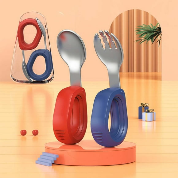 Spoons and Forks Set, Forks and Spoons, Round Handle Fork and Spoon Set Stainless Steel Training Food Spoon Childrens Tableware Short Handle Extended Fork and Spoon, Fork and Spoon Set