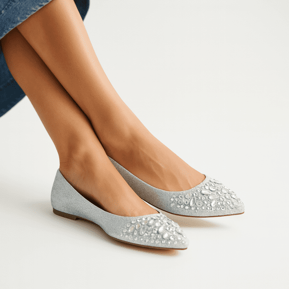 Women's Silver Rhinestone Flats Pointed Toe Slip-On Dress Shoes Size 7.5