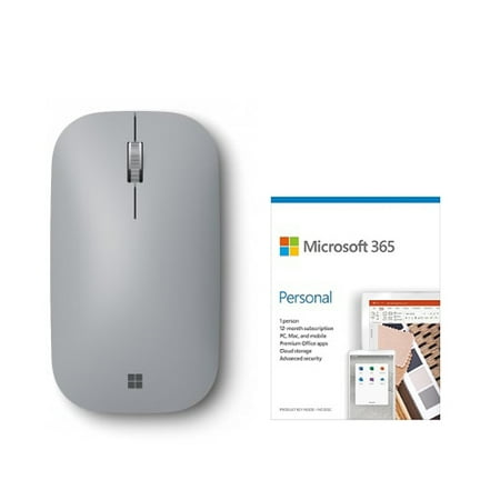 Microsoft Surface Mobile Mouse Platinum + Microsoft 365 Personal 1 Year Subscription For 1 User - PC/Mac Keycard for Microsoft 365 Personal - Wireless - Bluetooth - Seamless scrolling - Light & po