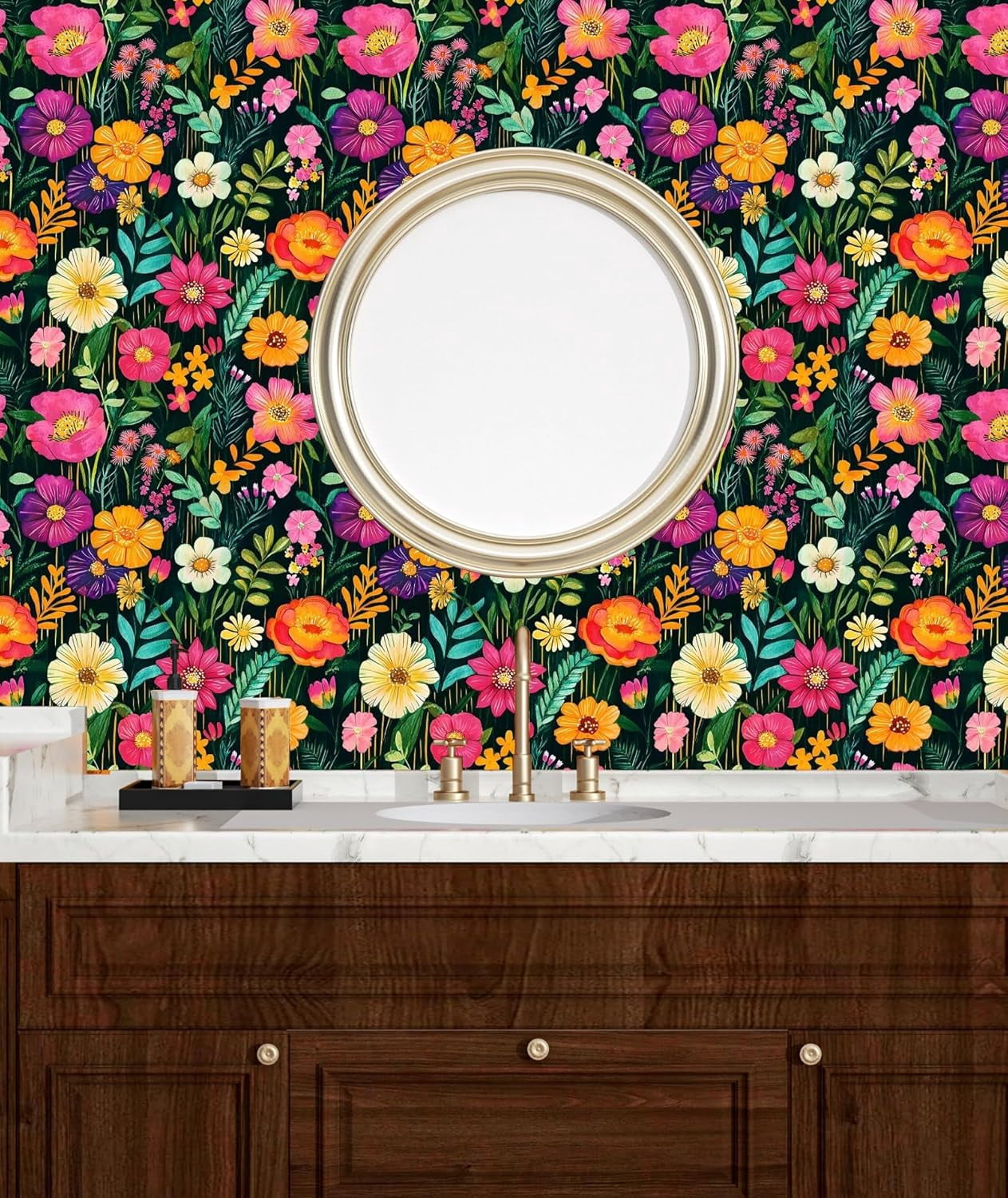 PETGLE Watercolor Floral Wallpaper Peel and Stick Colorful Contact Paper Green Boho Renter Friendly Wall Paper for Countertop Cabinet Wall Shelf Bathroom Removable 17.5 x 118In image 3