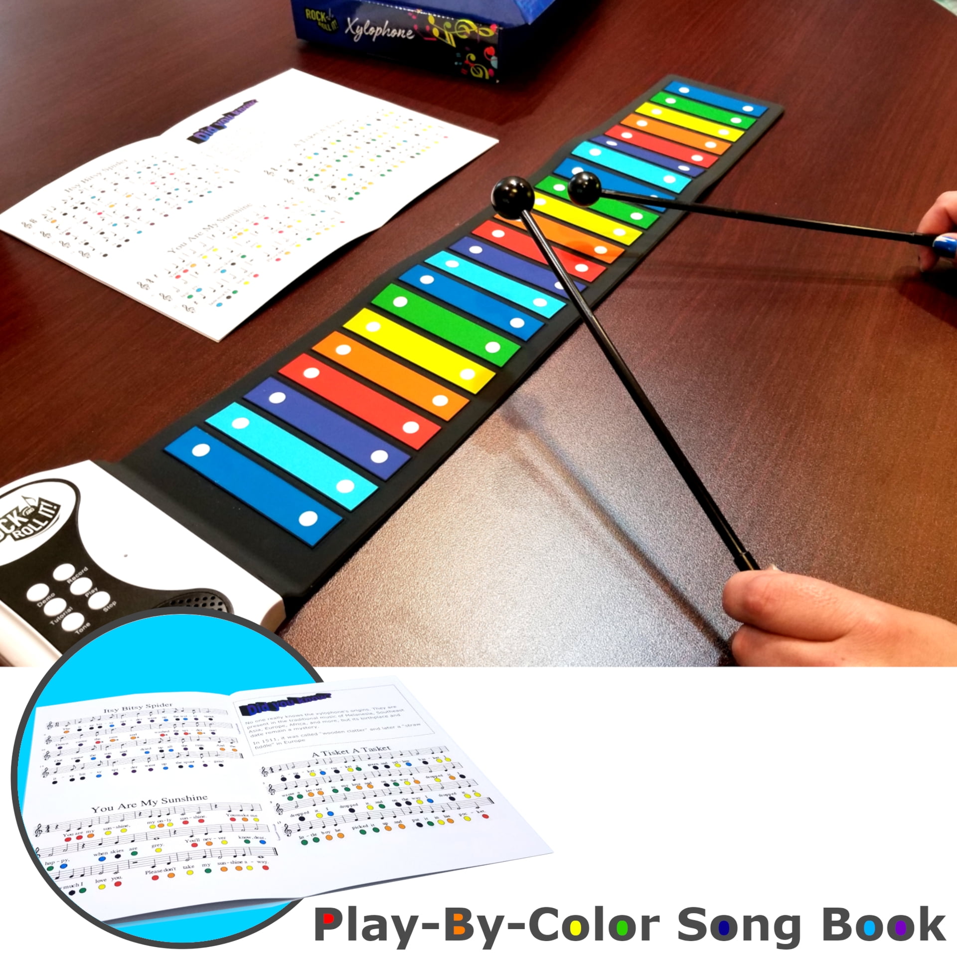 MUKIKIM Rock & Roll It – Rainbow Xylophone. Portable & Flexible Standard Size Electronic Pad with 22 Color Coded Bars & Song Booklet. USB or Battery Powered, Built-in Speaker & Audio Output Support