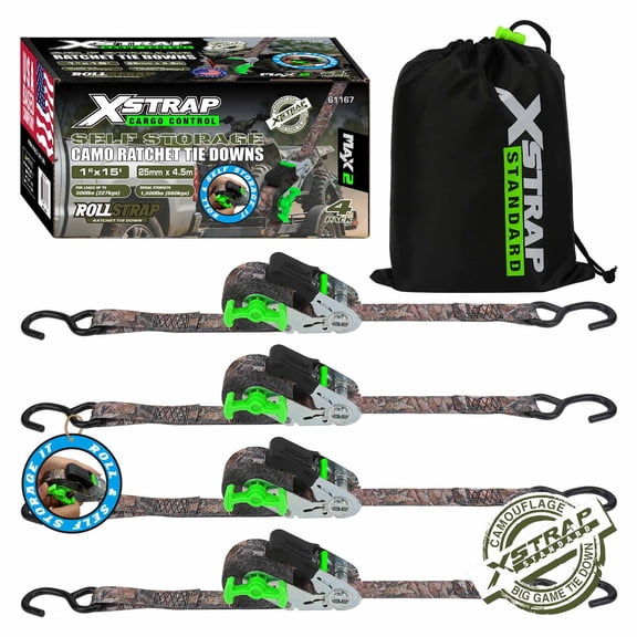 XSTRAP Self-Storing Ratchet Straps 4 Pack, 1 in x 15 ft, 1500 lbs Break Strength, Hand Crank Retractable Tie Downs with S Hooks with 4 Soft Loop, Heavy Duty Cargo Straps for Truck, ATV, Moving, Camo