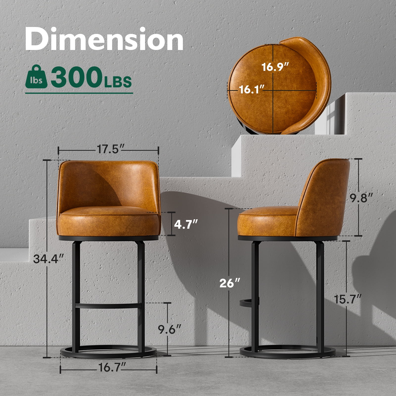 iooHug 26 Inch Swivel Counter Height Bar Stools with Back, Set of 6 PU Leather Bar Chairs with Footrest, Kotchen Counter Stools with Metal Frame, Brown