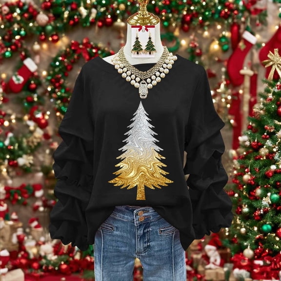 Yteetum Sweatshirt for Women Oversized Crewneck Christmas Pleated Ruffle Trim Pullover Hoodless Sweatshirts Tops Womens Casual Christmas Graphic Print Round Neck Loose Lantern Sleeve Xmas Sweatshirts