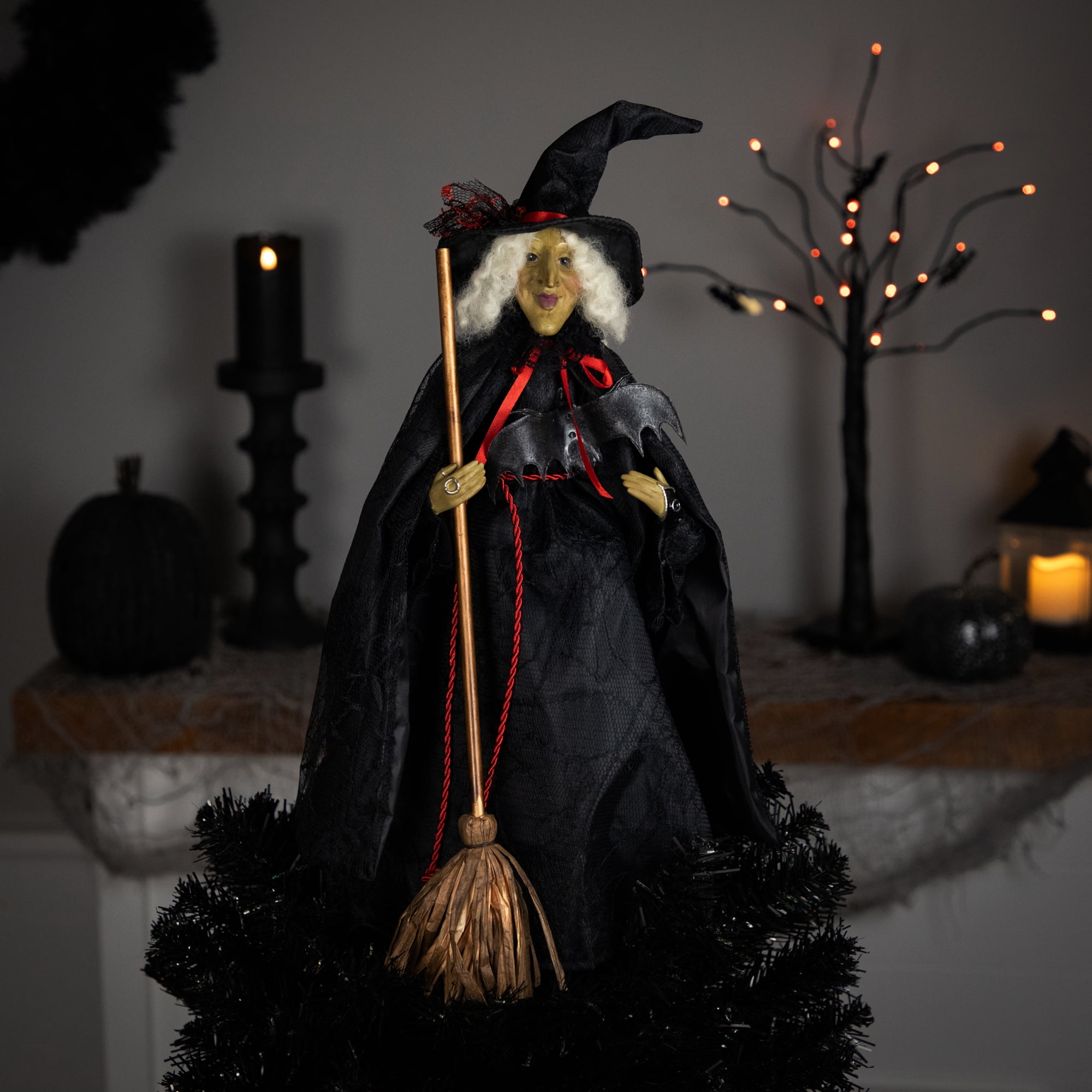 Dark Witch with Bat and Broom Halloween Figure - 18"