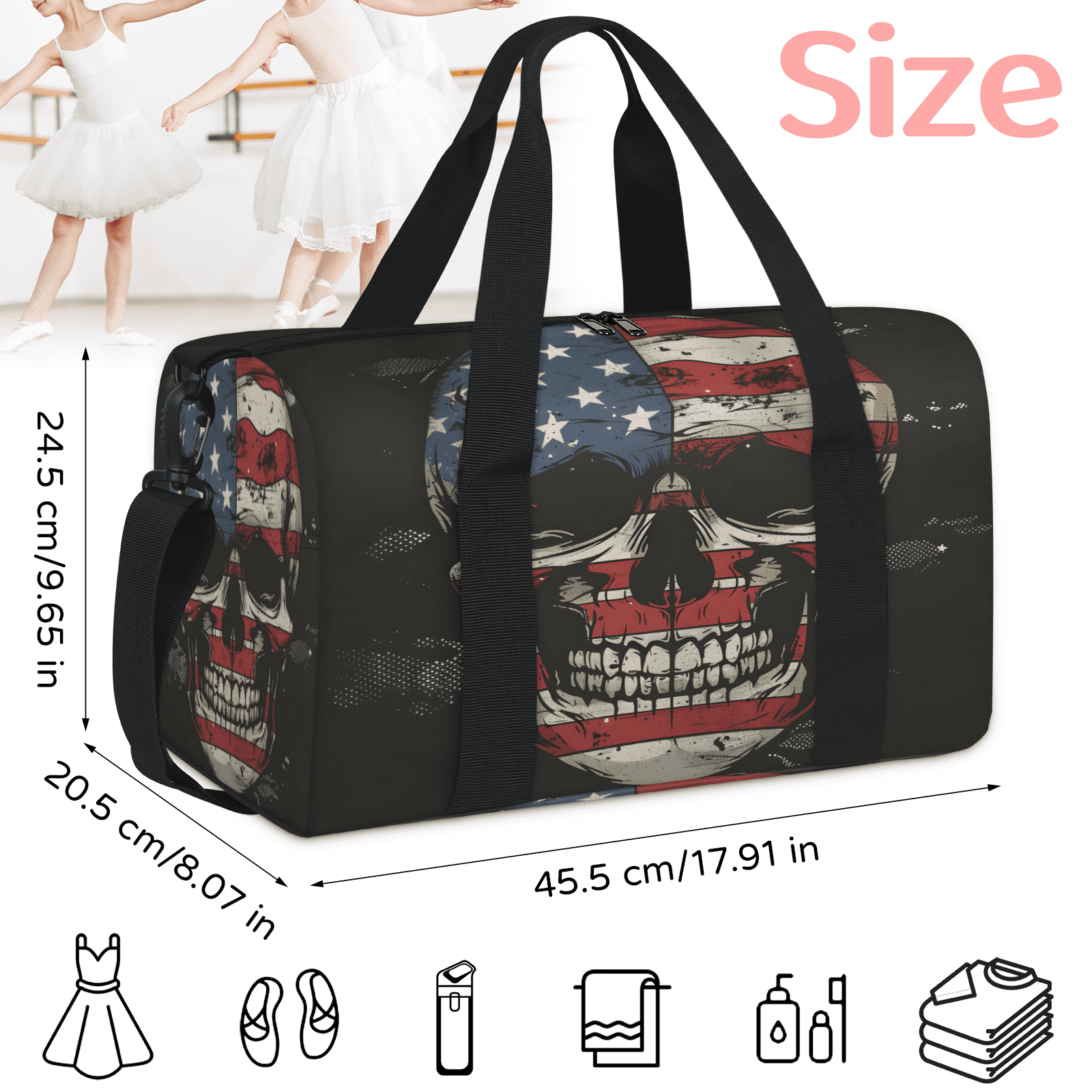 Herdesigns Skull American Flag Travel Duffle Bag Sports Yoga Weekender Overnight Carry on Workout Bags Lightweight Waterproof Gym Tote Bag for Women