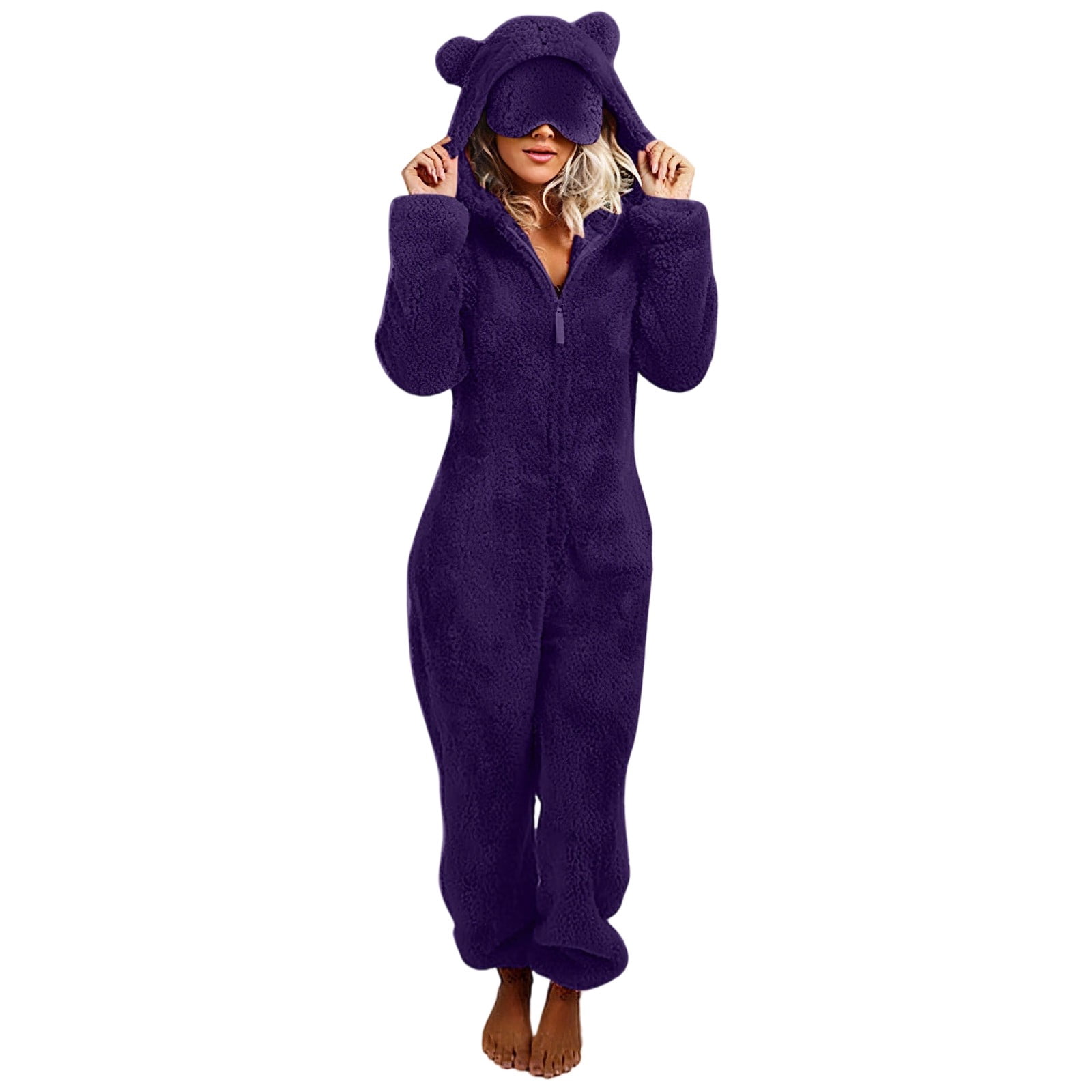 Women's Onesies Pajamas Sherpa One Piece Romper Zipper Cute Hooded Jumpsuit Pajama Loungewear