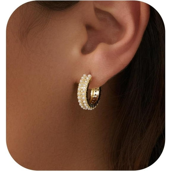 CROPD Pearl Earrings: 14k Gold-plated Dainty Pearl Huggie Hoop Earrings for Women