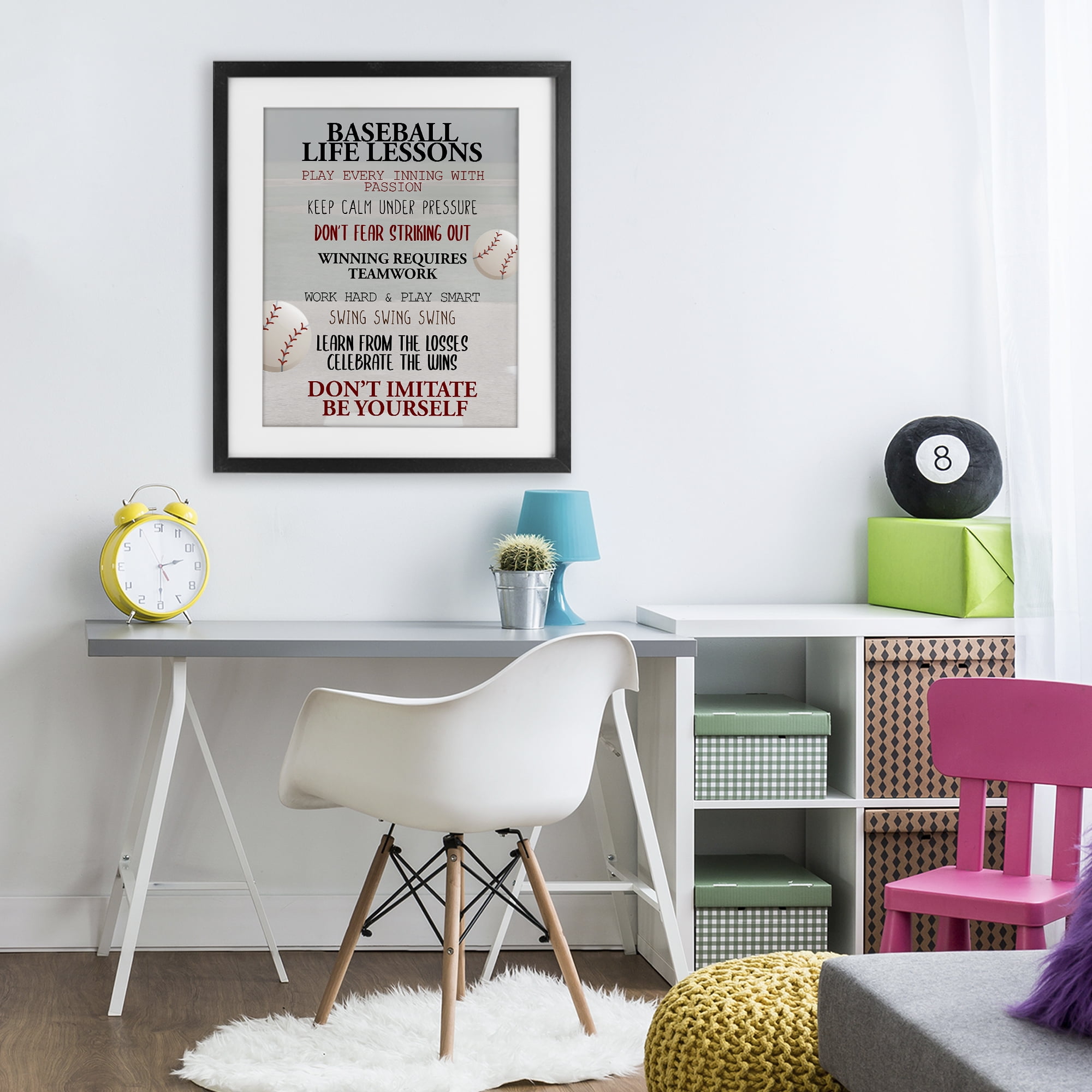 Baseball Life Lessons Black Framed Print Under Glass, design by Kim Allen