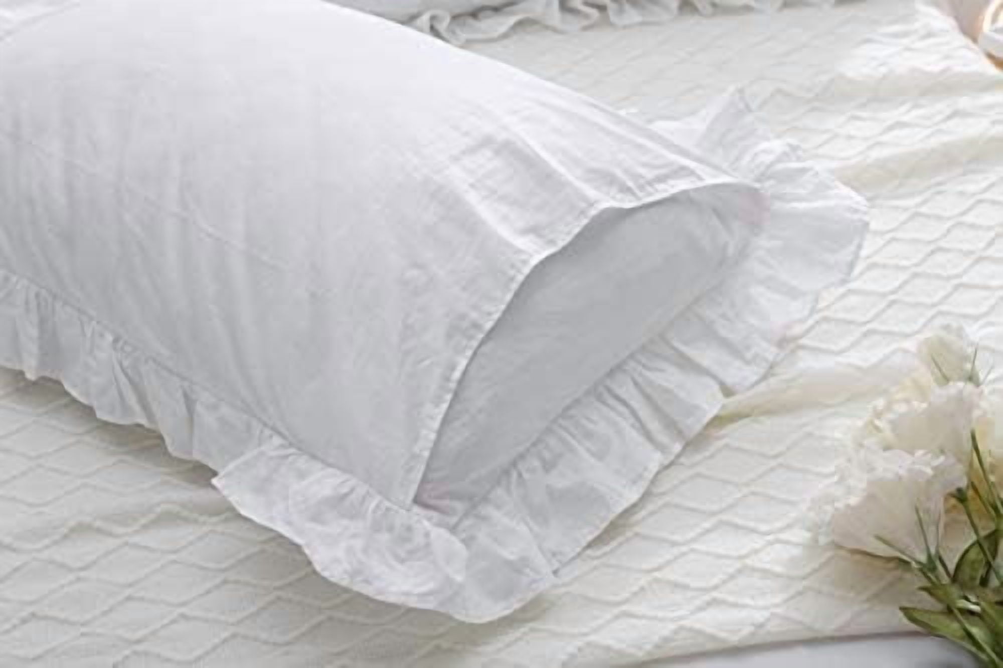 White Shabby Chic Pillow Shams Pillowcases with Ruffles Queen Size Cotton Pillow Covers 20"X30" 2pcs French Country Boudoir Luxury Princess