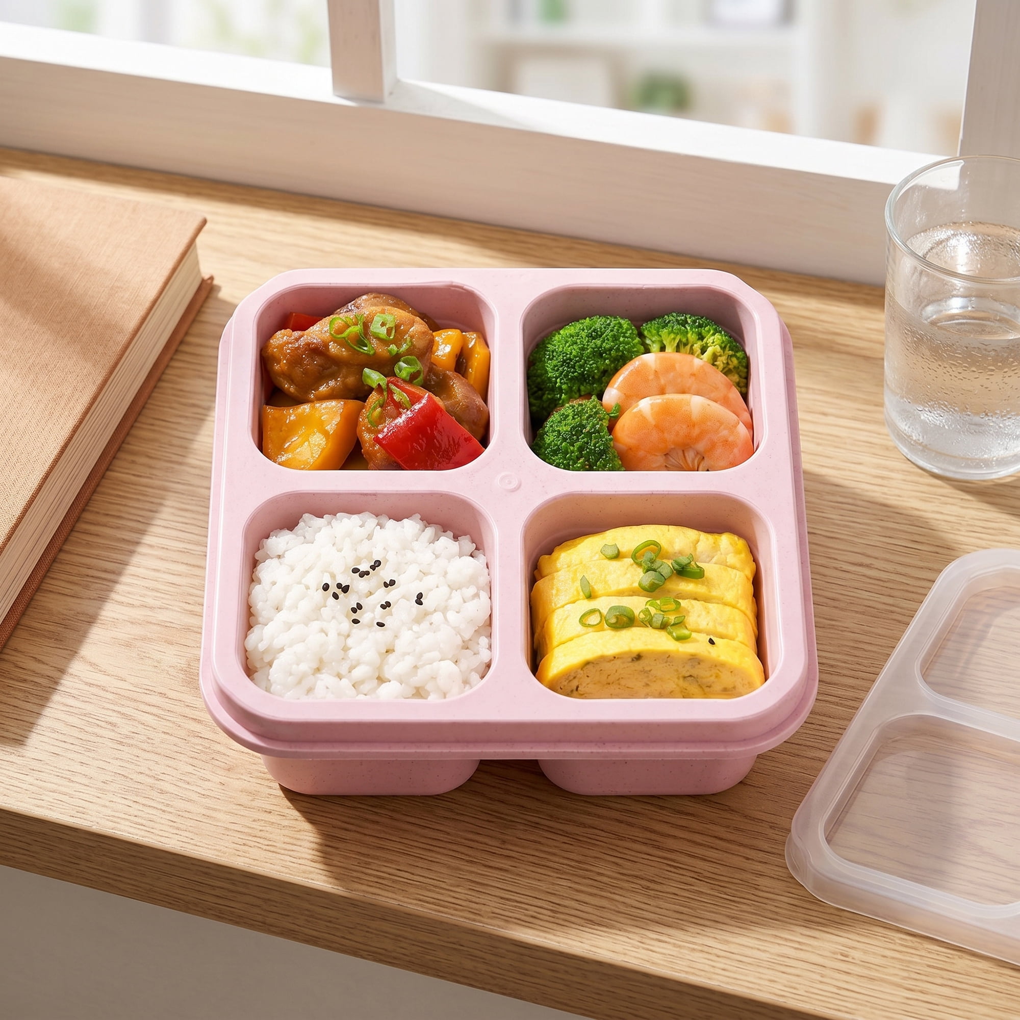 Unique Bargains 4-Compartment Leak-Proof Meal Lunch Bento Box for Work Pink