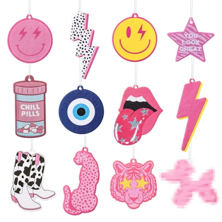 

Laffact 12Pcs Preppy Boho Car Air Freshener Lightning Bolt Smile Cow Boots Balloon Dog Lip Incense Chip Hanging Slice Essential Oil Pendant Diffuser Scented Decor for Car Interior Accessorie