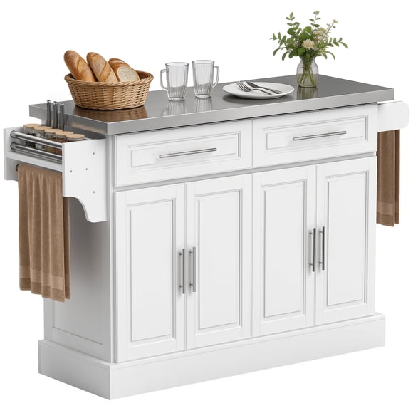 HOMCOM Îlot de Cuisine avec Dessus en Acier Inoxydable, 2 Tiroirs et 2 Armoires