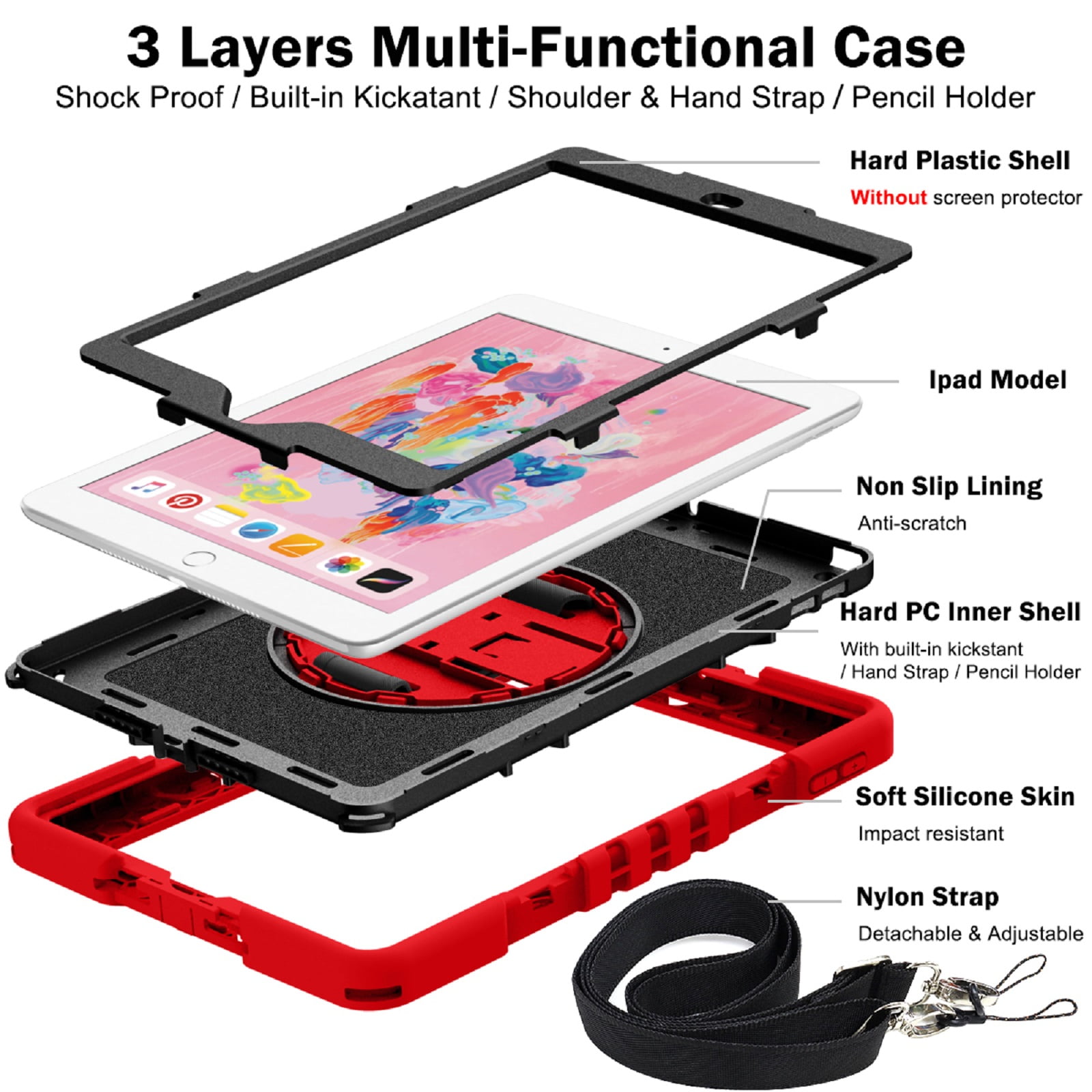 ELEHOLD Rugged Case For Apple iPad 11th(A16) 2025 Three-Layer Hybrid Muti-Functional Case with 360° Rotating Kickstand Pencil Holder Handstrap Shoulder Strap Shockproof Case ,B