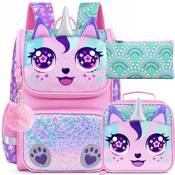 3-Piece Unicorn Backpack Set for Girls, 15" Kids' Bookbag with Lunch Box, Pink School Bag for Elementary, Preschool, and Toddlers