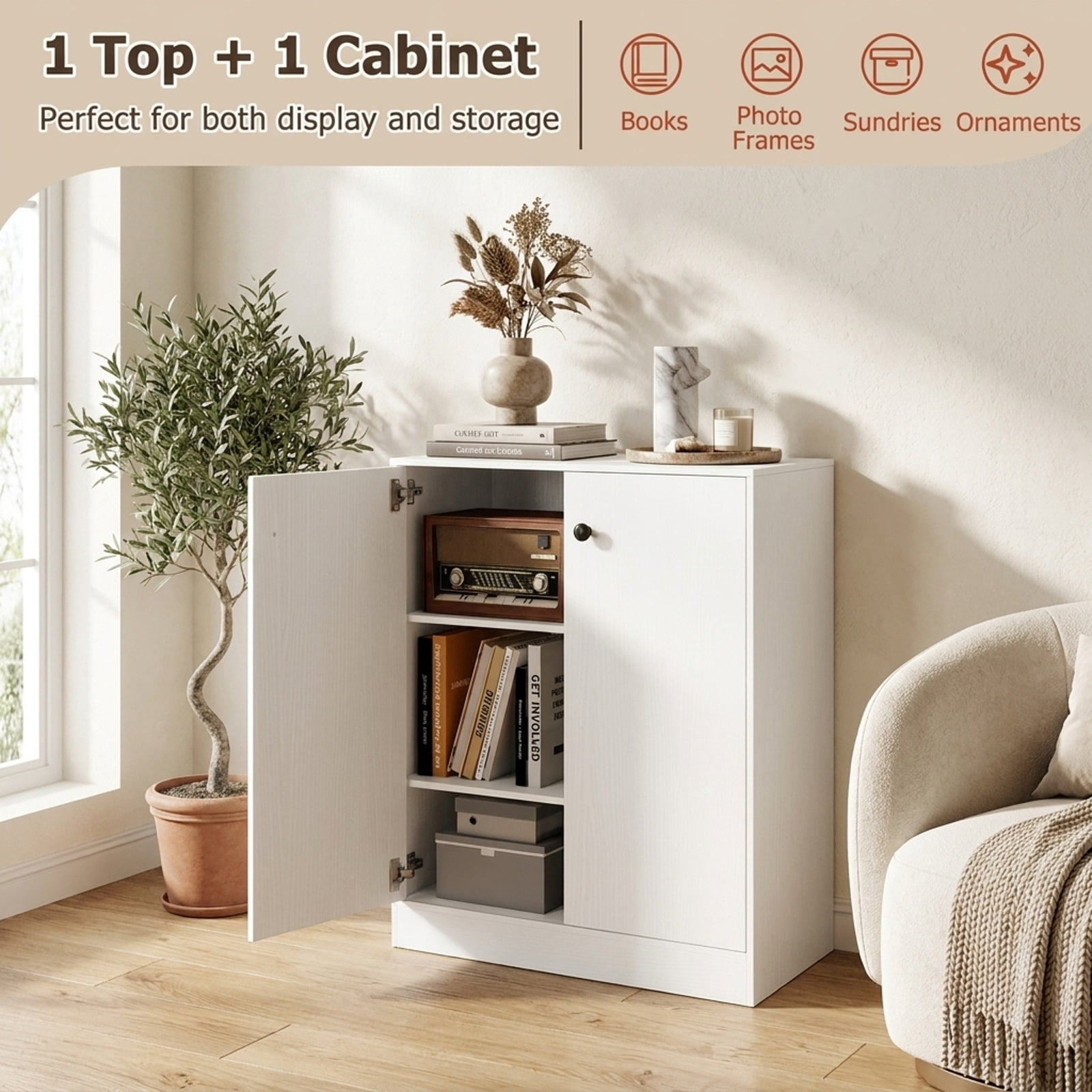 Furnibear 2 Door Accent Storage Cabinet with 3 Tier Shelf and Countertop Buffet Sideboard for Living Room Entryway and Kitchen, White