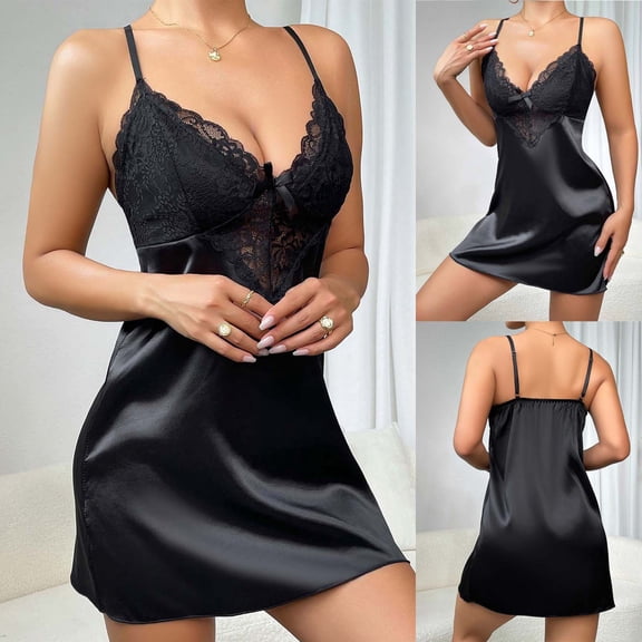 Dianli Lingerie Nightgown Lace Chemise Satin Camisole Nightdress Adjustable Straps Sheer Slip Imitation Silk Sleepwear Romantic Homewear Summer Nightwear Loungewear