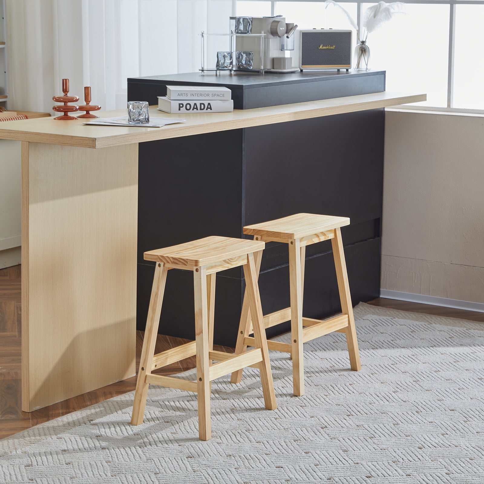 Ktaxon Set of 2 Saddle Seat 24" Bar Stools Wood Dining Room Kitchen Pub Chair,Wood Color