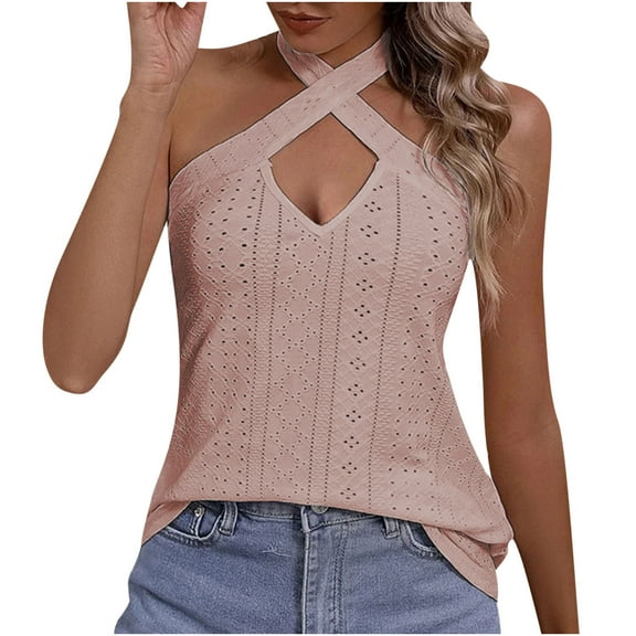 Scyoekwg Womens Fashion Summer Tops Casual Dressy Blouse Sling Halter Eyelet Slim Tank Tops Comfy Sleeveless Solid Color Suspenders Tees Shirts (Pink,XL)