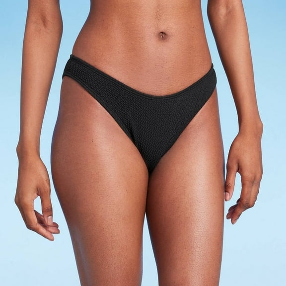 Wild Fable Women's Pucker Textured High Leg Cheeky Bikini Bottom Black XXS