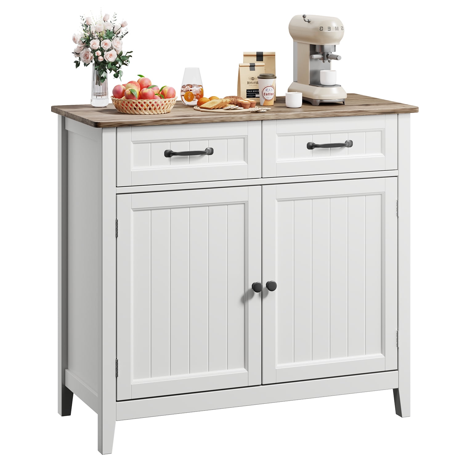 Coffee Bar Cabinet, Lofka 35.4 Inch Small Sideboard Buffet Cabinet with Drawers & Adjustable Shelf, Slim Waterproof Storage Cabinet for Apartment Kitchen Entryway Living Room Home Office, Gray