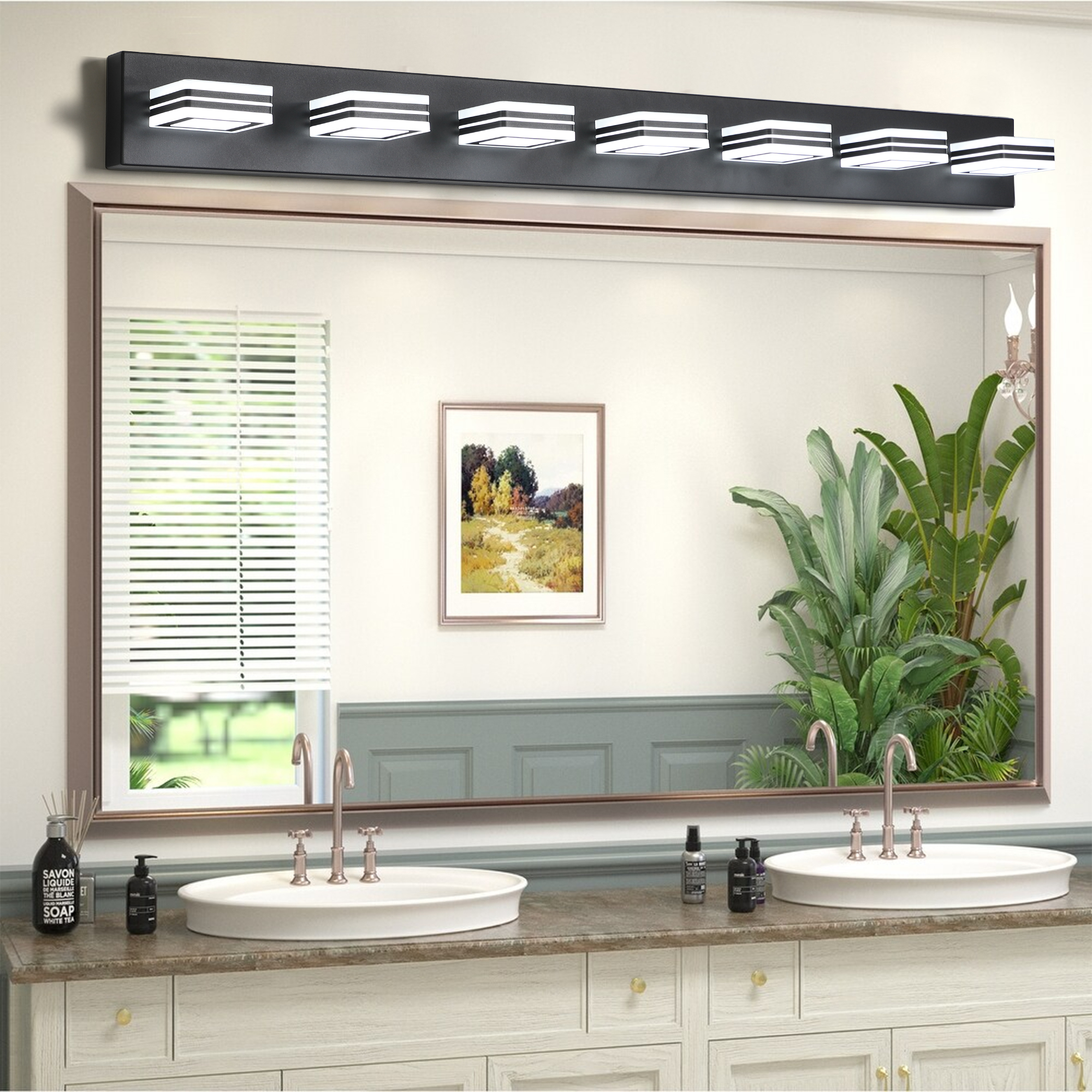 Leumius Modern 7-Light LED Vanity Light, Square Acrylic Lampshades Wall Mount Fixture for Mirror, Bathroom, Bedroom and Hallway Black