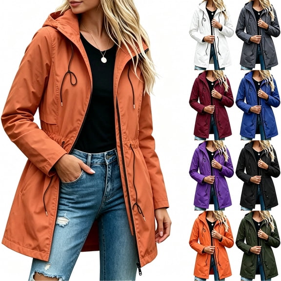 Yotami Womens Rain Jackets Fall Fashion Lightweight Long Raincoat with Hooded, Drawstring Waist, Zipper, Pocket, Waterproof Windbreaker Outdoor Trench Coats S-XXXL