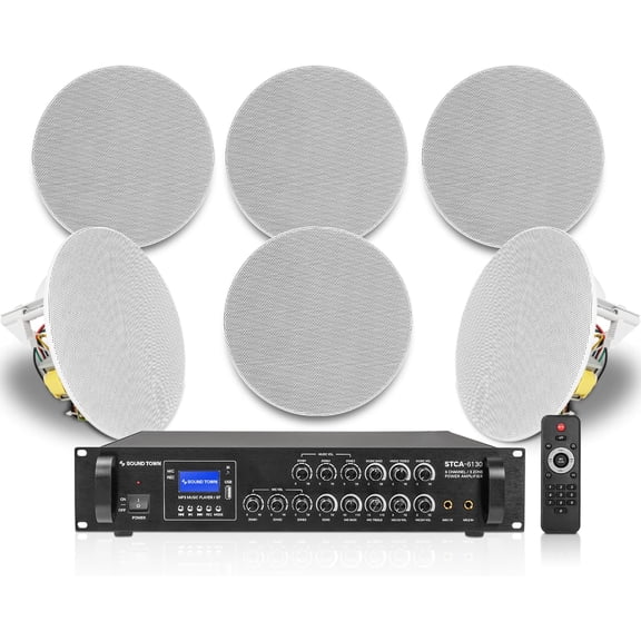 Sound Town Commercial Sound System Set with a 3-Zone Low-Impedance Bluetooth Amplifier, 6 x 6.5“ Coaxial in-Ceiling Flush Mount Speakers, White (STCA6130X6CS6N)