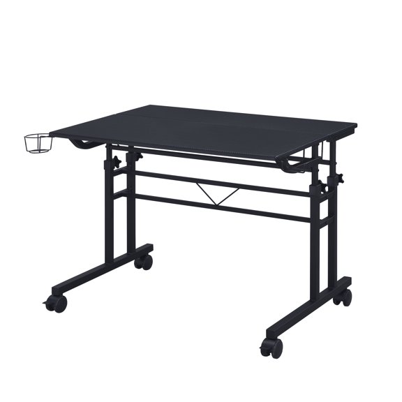 Rolling Height Adjustable Writing Desk with Movable Shelf, Carbon Fiber Textured Particle Board Top, Lockable Wheels, Cup & Headphone Holders Mobile Laptop Table for Home Office