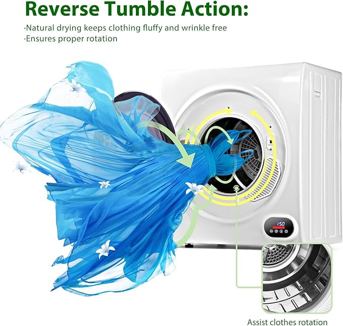 Euhomy Compact Laundry Dryer, 2.64 cu ft Front Load Stainless Steel Clothes Dryers With Exhaust Pipe, 1400W, LCD Control Panel Four-Function Portable Dryer For Apartments, Home, Dorm, White