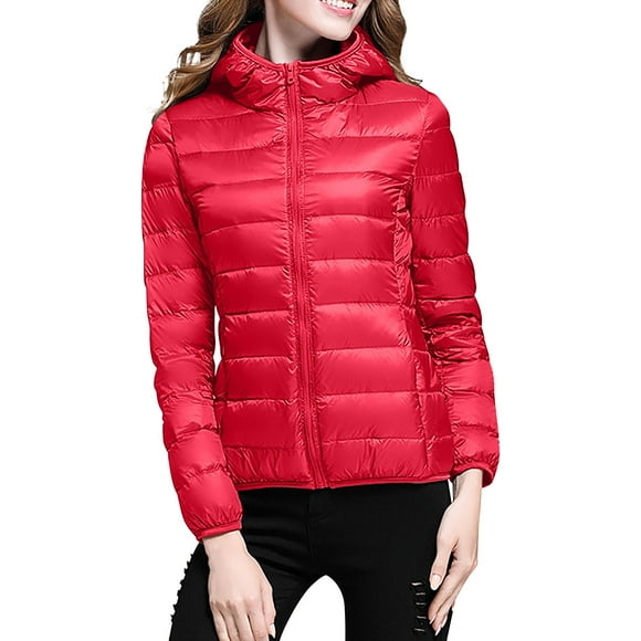 Yoodem Women's Outerwear Quilted Puffer Jacket Solid Slim Hip Length Stand Collar Long Sleeve Zipper with 2 Pockets Red S