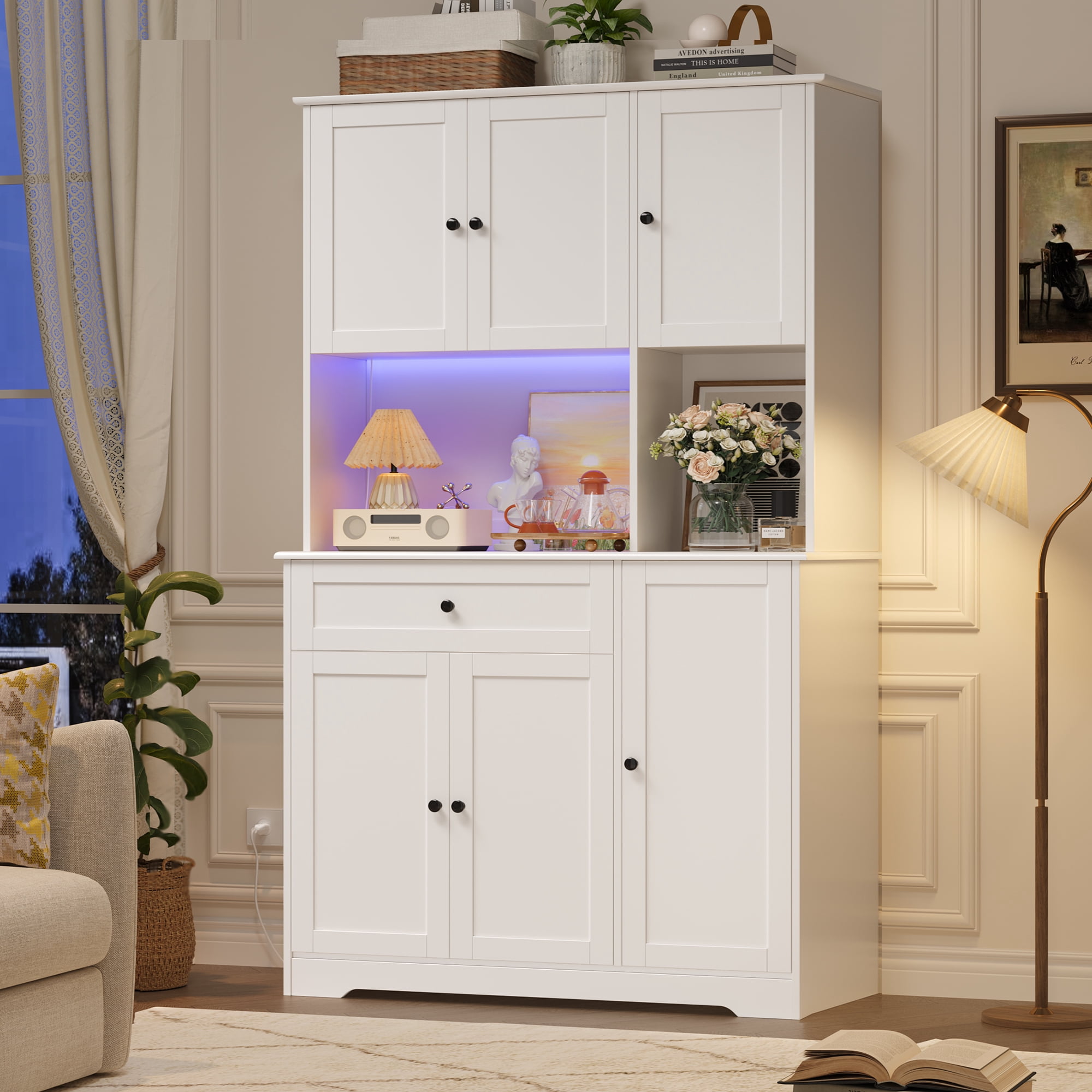 Hiphuta 71" Kitchen Pantry with 7-Color LED Light and Charging Station, Tall Pantry Cabinet with Microwave Stand, Modern Freestanding Hutch with Storage Drawer for Dining Room, White