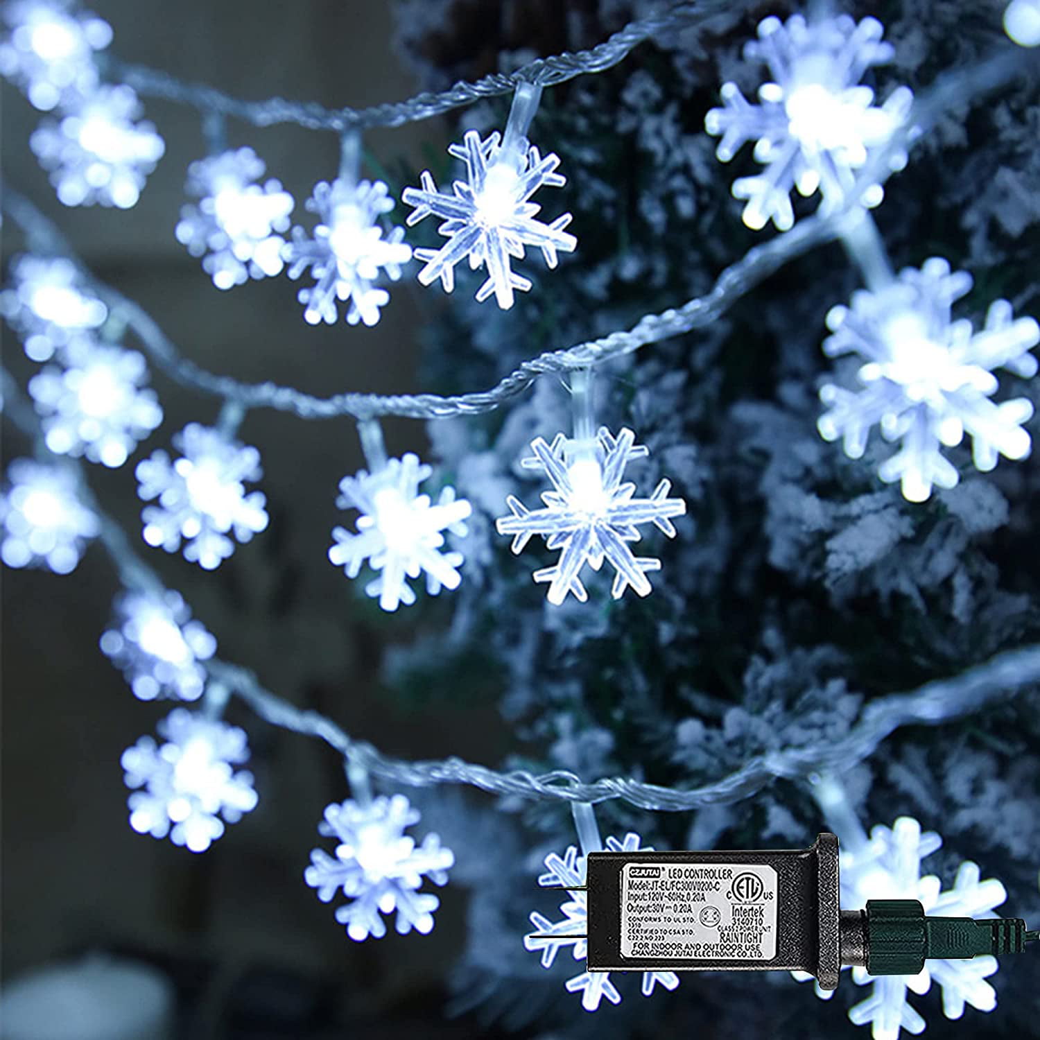 49 FT Plug in Fairy Light White 100 LED Christmas Snowflake String Lights 