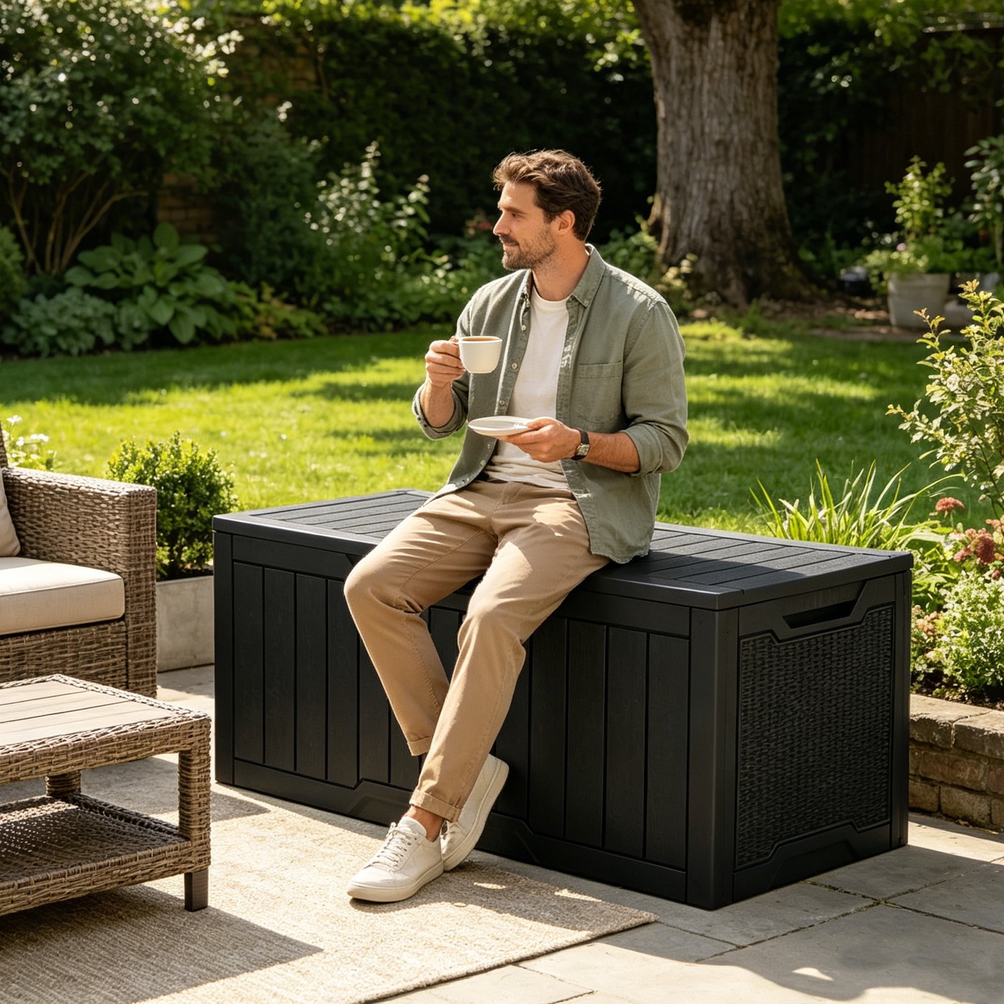 Uforic 100 Gallon Weatherproof Resin Deck Box, Lockable Outdoor Storage Container for Patio Cushions, Garden Tools and Pool Supplies, Black