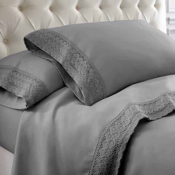Modern Threads Soft Microfiber Crochet Lace Sheets - Luxurious Microfiber Bed Sheets - Includes Flat Sheet Fitted Sheet with Deep Pockets & Pillowcases Stone Queen